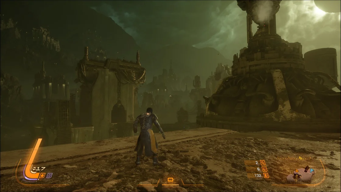 A screenshot of Saros, showing the player looking toward a ruined, sci-fi cityscape in the distance.