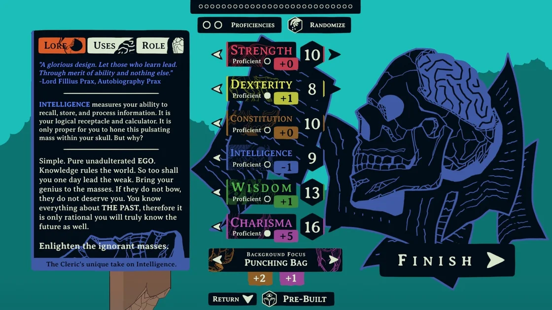 Screenshot from Esoteric Ebb showing the Intelligence page on the character creation screen where the player sorts out their stats