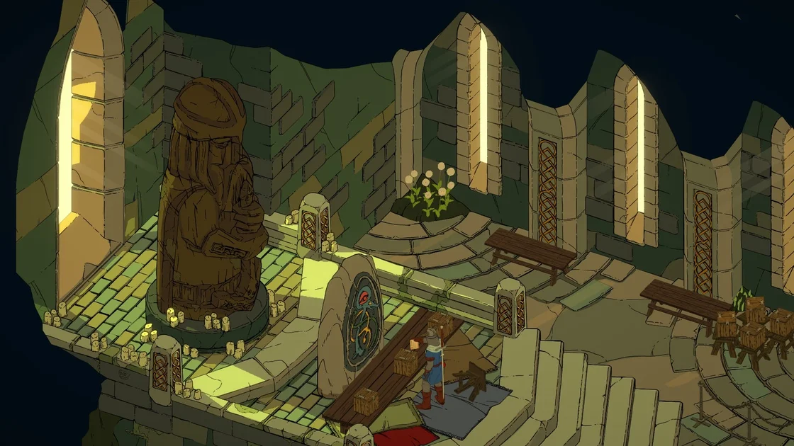 Screenshot from Esoteric Ebb showing a wide shot of the player character standing in a church, dropping a ballot into a voting box