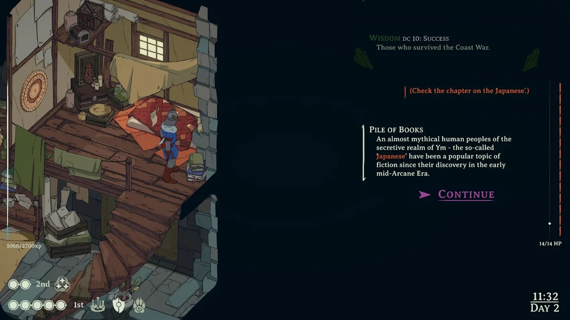 Screenshot from Esoteric Ebb showing the text from an in-game book which says, “An almost mythical human peoples of the secretive realm of Ym - the so-called ‘Japanese’ have been a popular topic of fiction since their discovery in the early mid-Arcane Era.”
