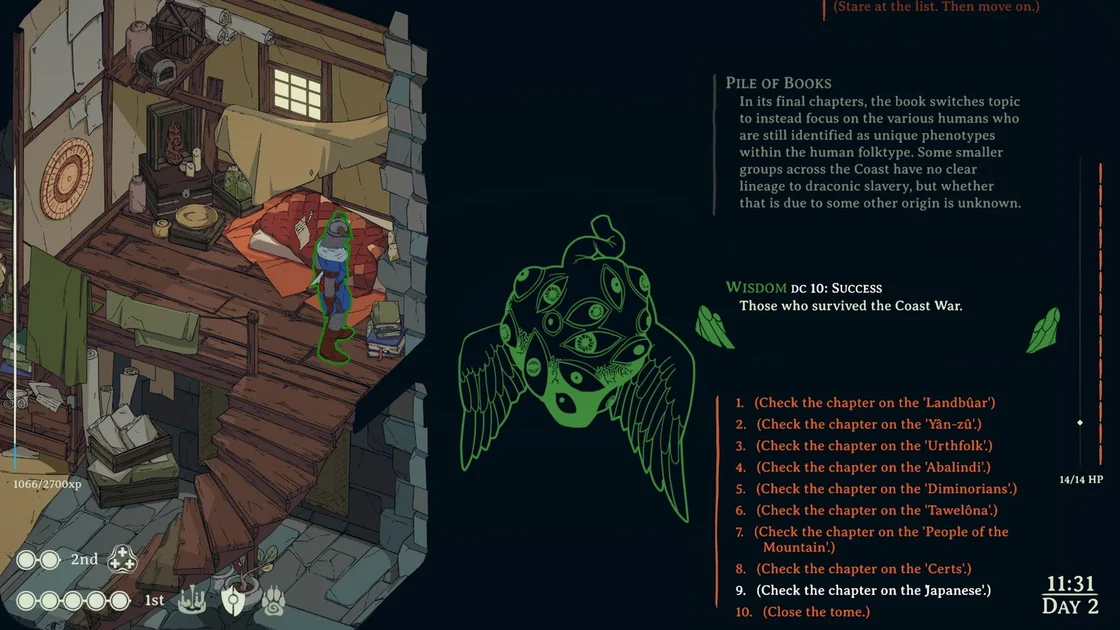 Screenshot from Esoteric Ebb where the player is looking at a pile of books in a room. The on-screen text description for one book lists nine chapters of different folktypes, all fantastical, with the final option as “Check the chapter on the Japanese."