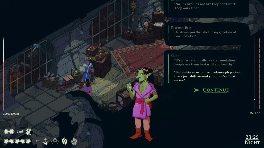 Screenshot from Esoteric Ebb where the player’s goblin companion, Snell, describes a box of potions you just found as the equivalent of fantasy world Ozempic