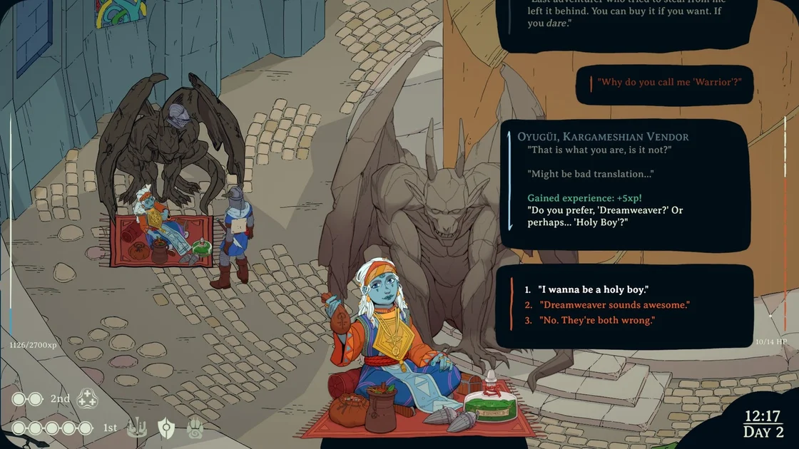 Screenshot from Esoteric Ebb showing an NPC vendor, Oyugui, and her gargoyle, talking to the player