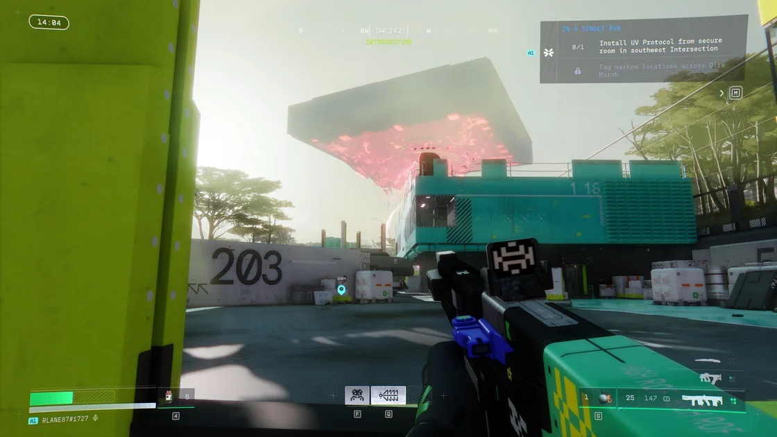 A screenshot of Marathon, showing the player watching a lockdown event from a distance.