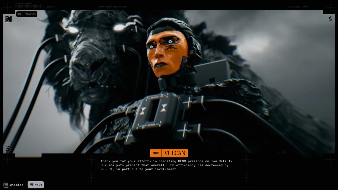 A screenshot of Marathon, showing the player speaking with the Traxus representative Vulcan.