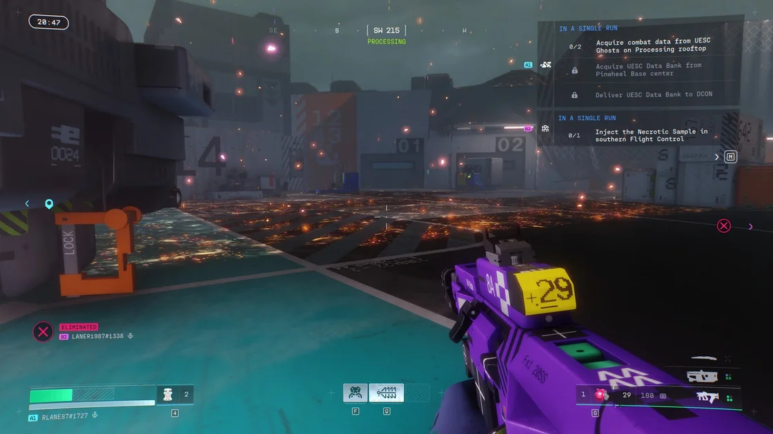 A screenshot of Marathon, showing the player sheltering from a Heat Cascade event in Outpost.