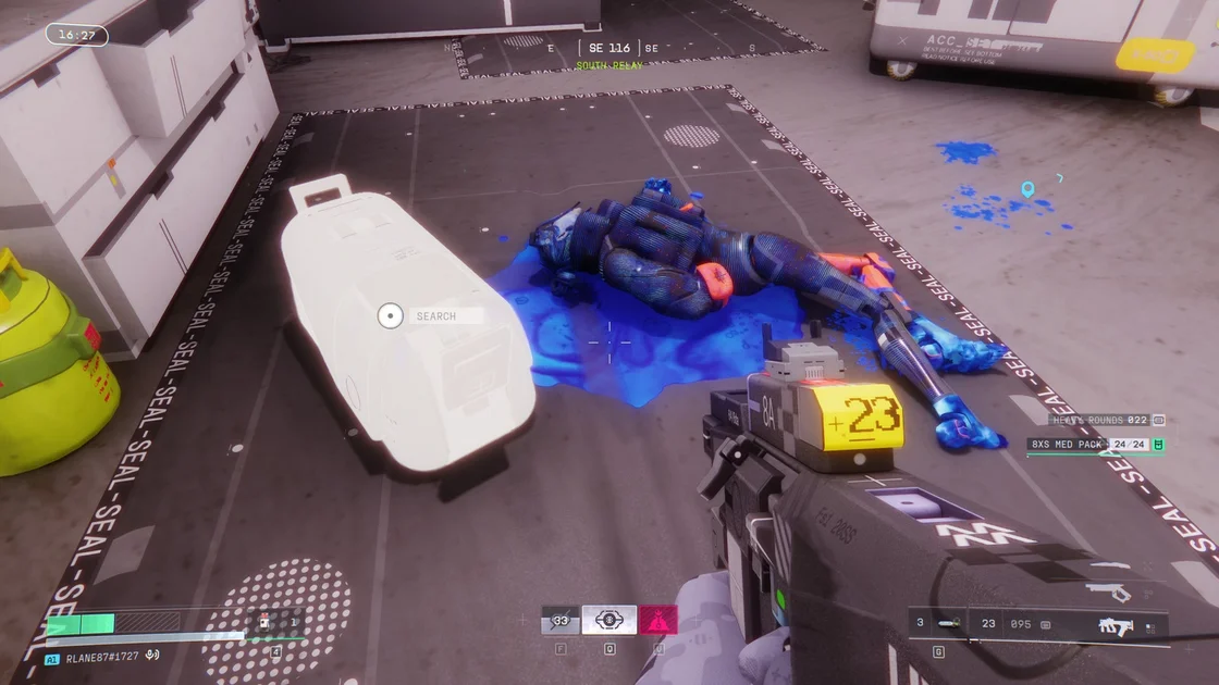 A screenshot of Marathon, showing the player examining a dead Shell.