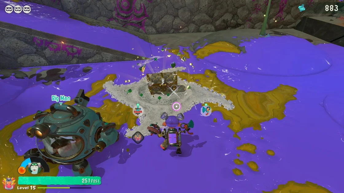 Splatoon Raiders screenshot showing you opening a chest with purple paint everywhere