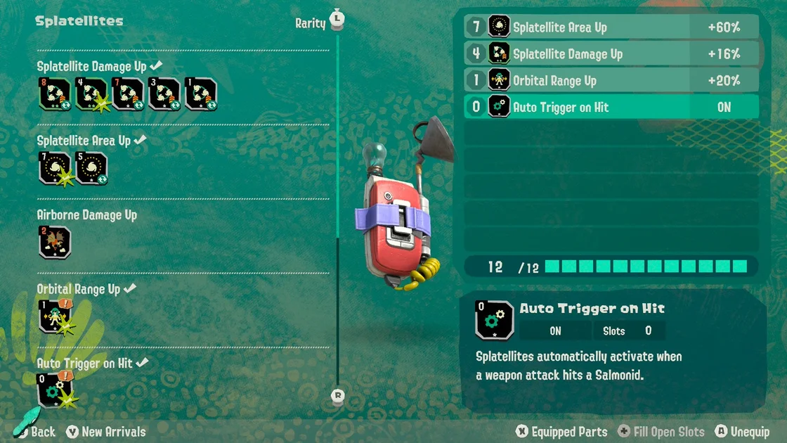 Splatoon Raiders screenshot showing an upgrade screen focusing on Splatellites with a green background