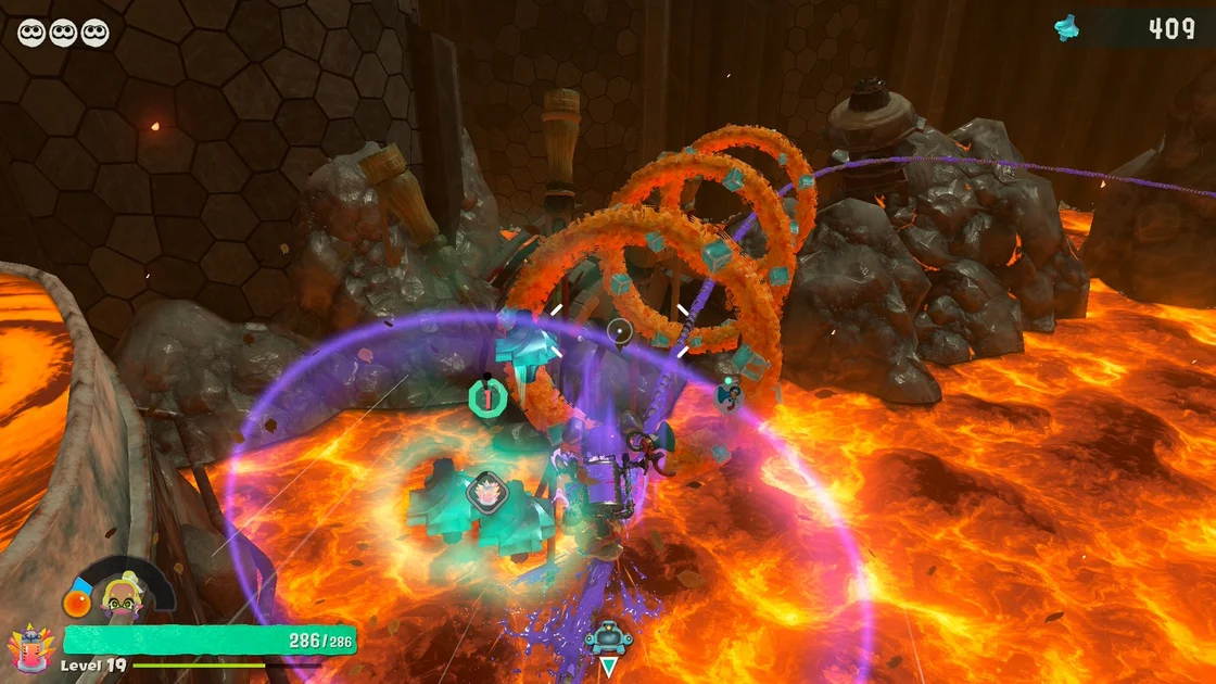 Splatoon Raiders screenshot showing you grinding a purple-painted rail through orange hoops above lava