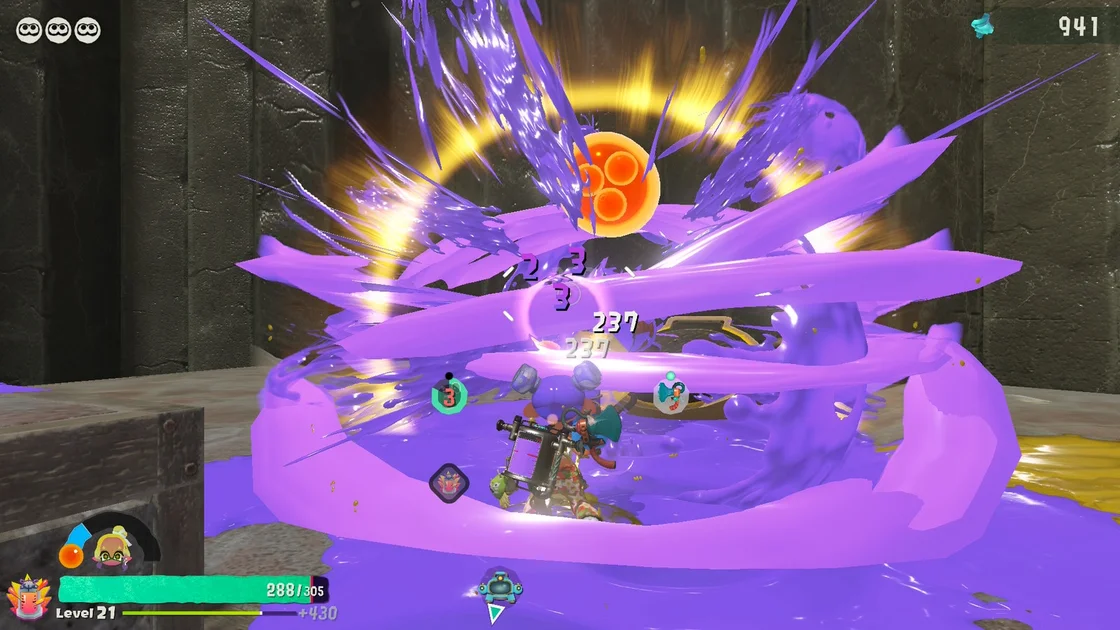 Splatoon Raiders screenshot showing a sphere of purple paint exploding outwards