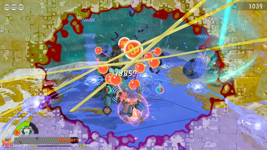 Splatoon Raiders screenshot showing highly chaotic combat as you take damage from some kind of robot