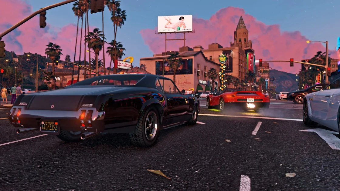 Official GTA 5 image showing a black muscle car at a busy junction