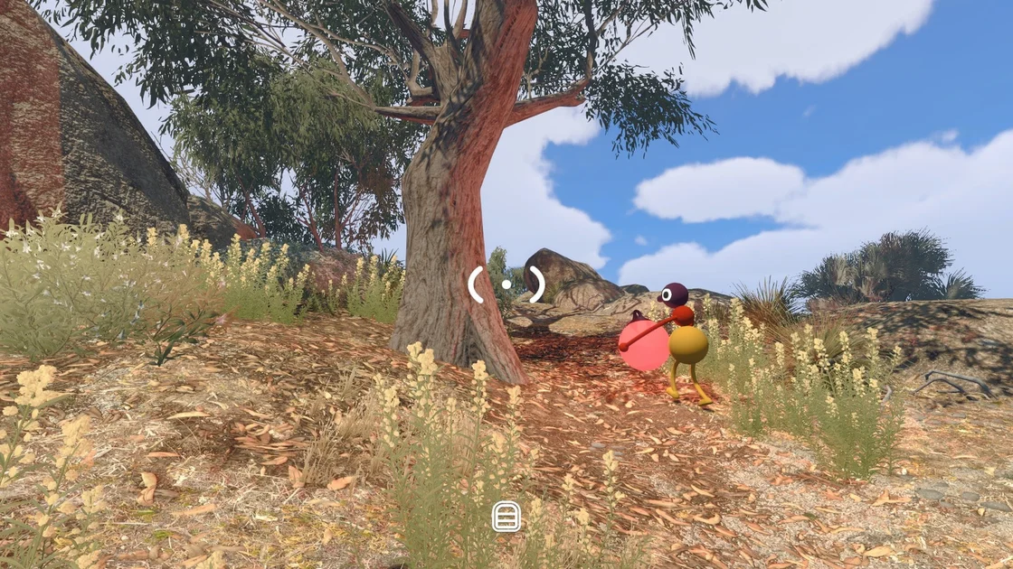 Big Walk screenshot showing a character carrying a round lamp near a tree. A burger-like icon at the bottom of the screen shows the player has something on their back