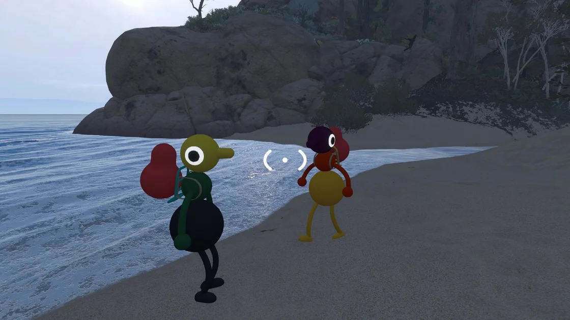 Big Walk screenshot showing two characters standing on the beach as the waves lap against the shore