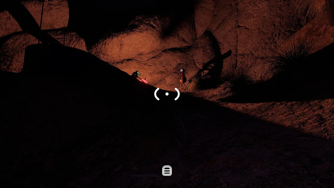Big Walk screenshot showing two characters in the middle distance. One is carrying a lamp, which is casting large shadows against the rocks