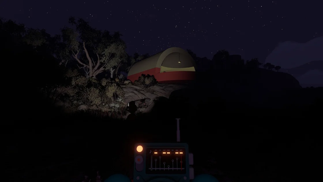 Big Walk screenshot showing the player holding an aquamarine portable radio. In the distance is a yellow and red semi-cylindrical structure