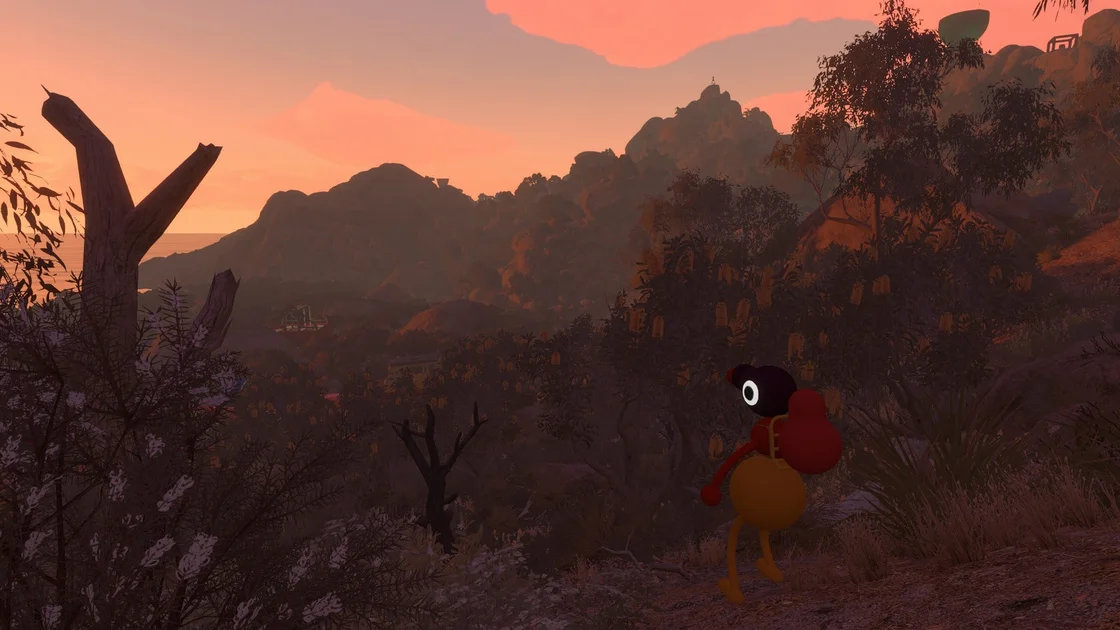 Big Walk screenshot showing a character wistfully looking out toward a pink-tinged sky as the sun sets