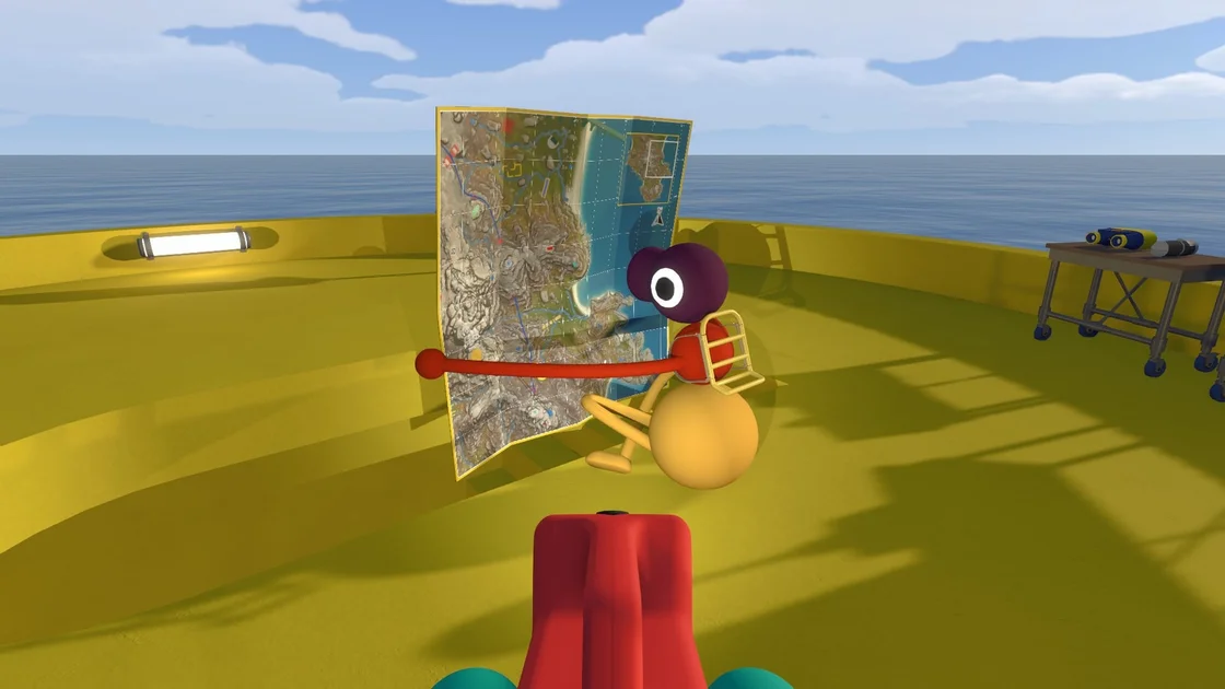 Big Walk screenshot showing a seated player looking at a physical map atop a yellow tower