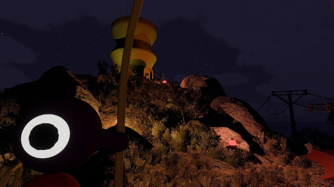 Big Walk screenshot showing a player near the camera, the white of their eye clearly visible even though it's night